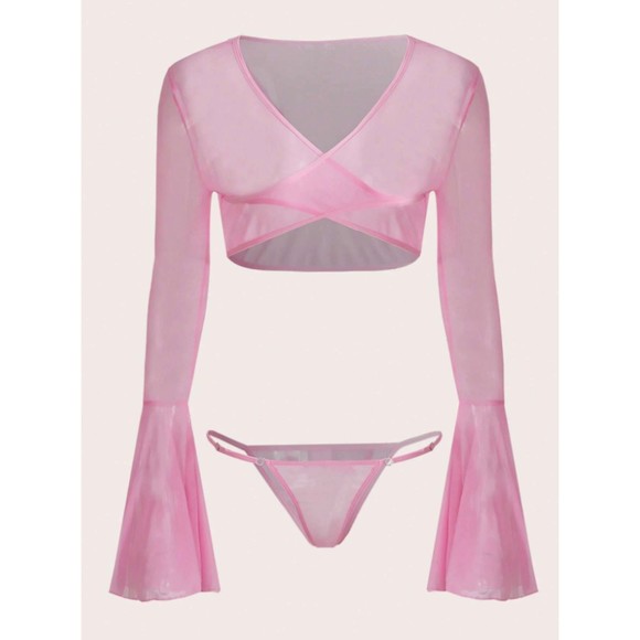Medium Pink ROMWE Sweetness Solid Mesh Lingerie Set - Picture 5 of 6